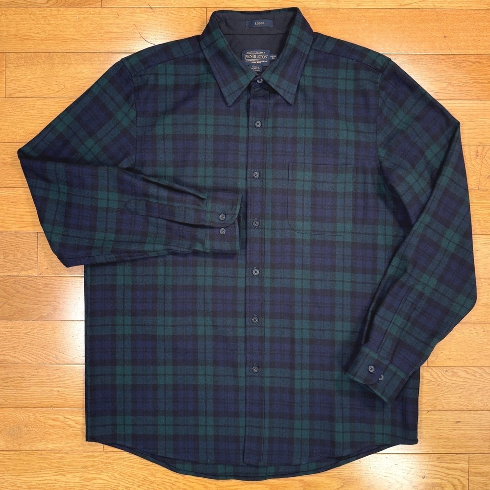 Pendleton Lodge Black Watch Tartan Virgin Wool Shirt Mens XL Fitted Plaid Blue